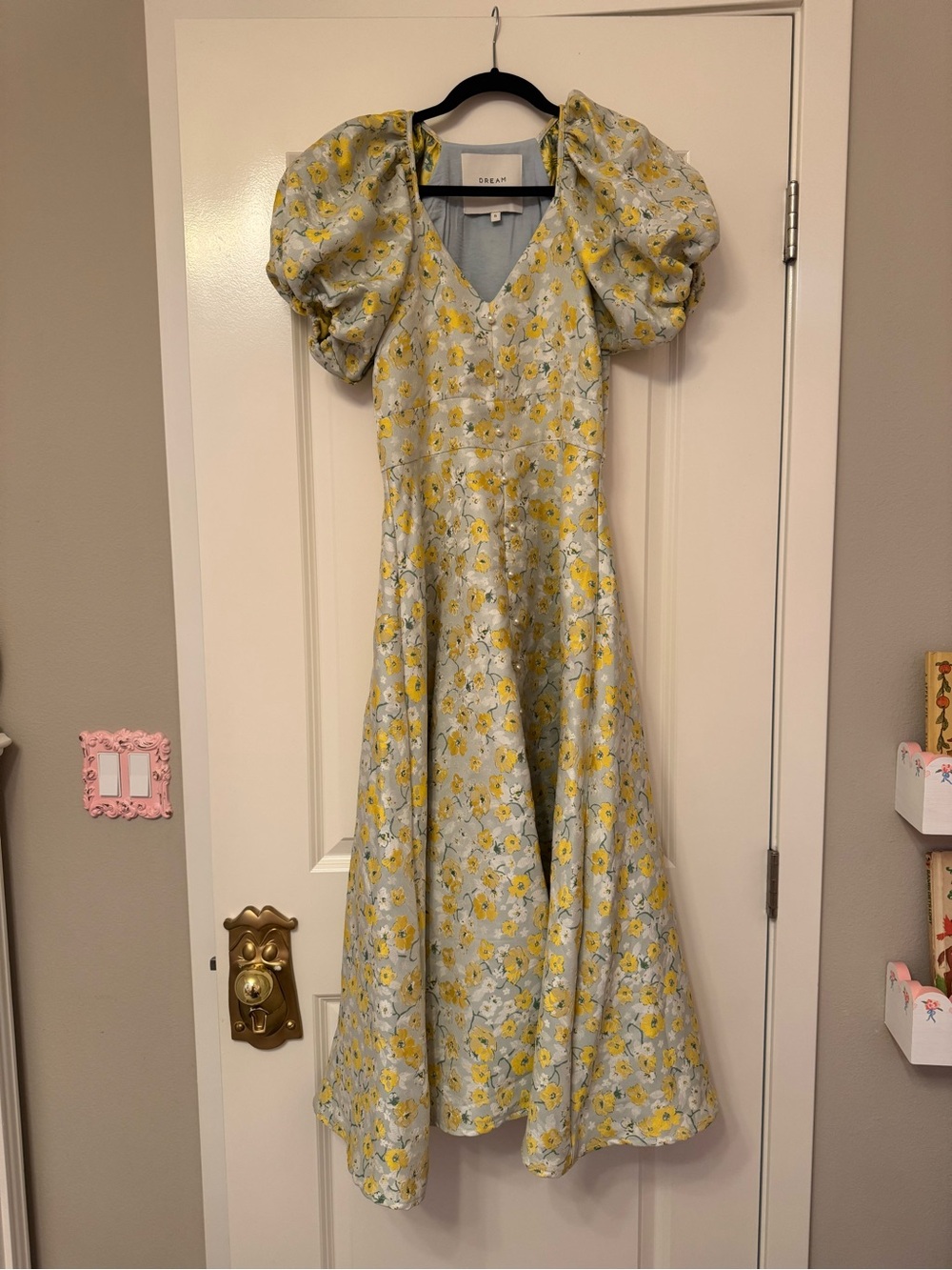 Sister Jane DREAM Puff-Sleeve Yellow Floral Brocade Midi Dress